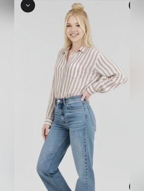 Rachel Zoe 100% Linen L/S Cropped Blouse Pinkish-Raspberry Stripe Size Medium